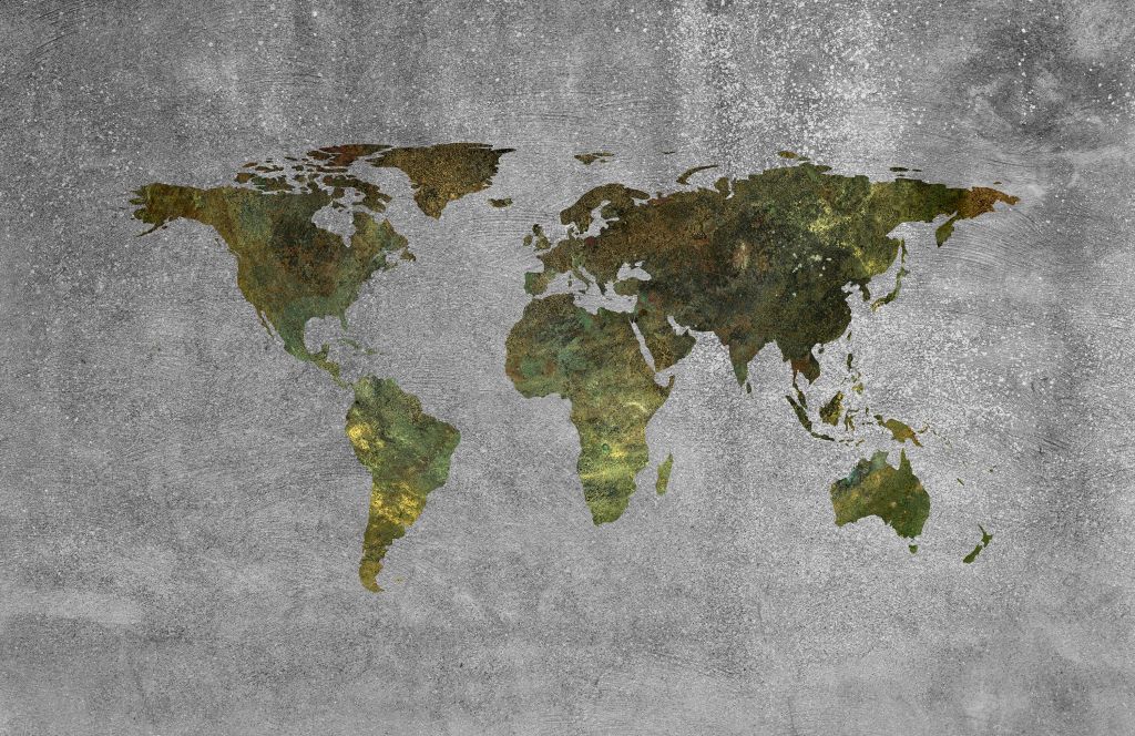 Carte du monde avec structure verte sur béton gris