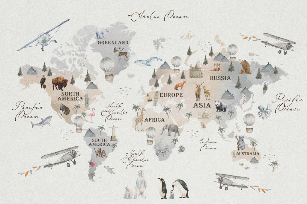 Carte du monde avec différents animaux