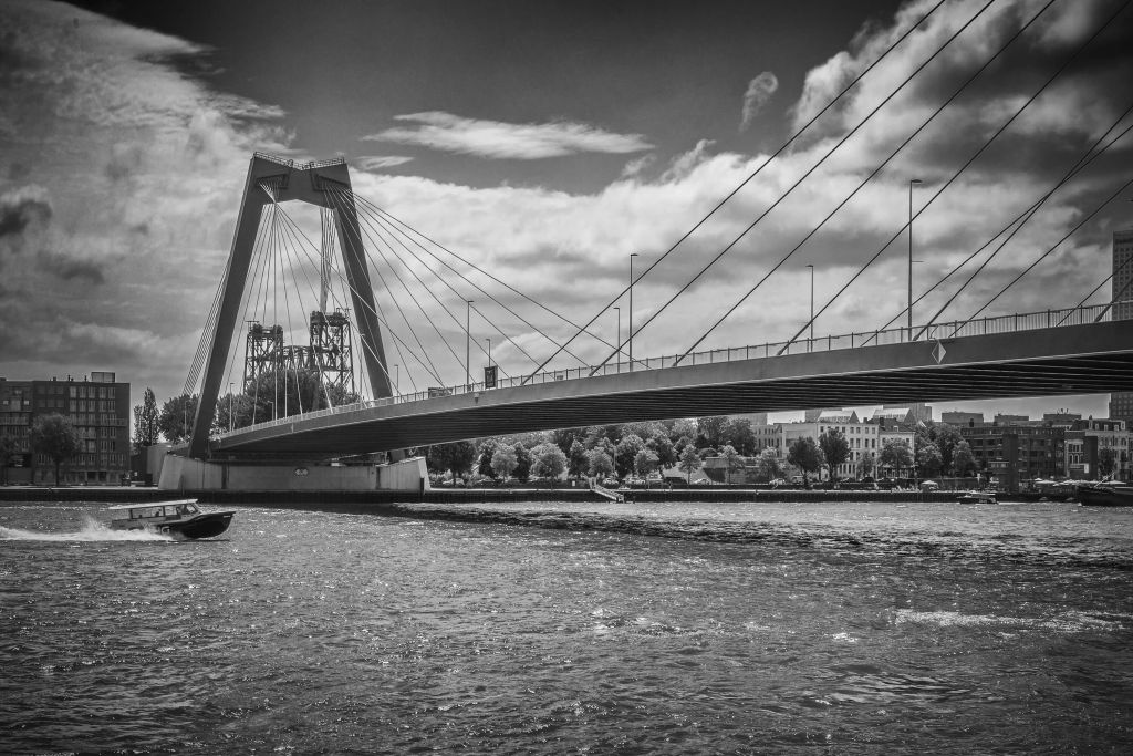 Le passage du pont Prince Willem Alexander à Rotterdam en noir et blanc  