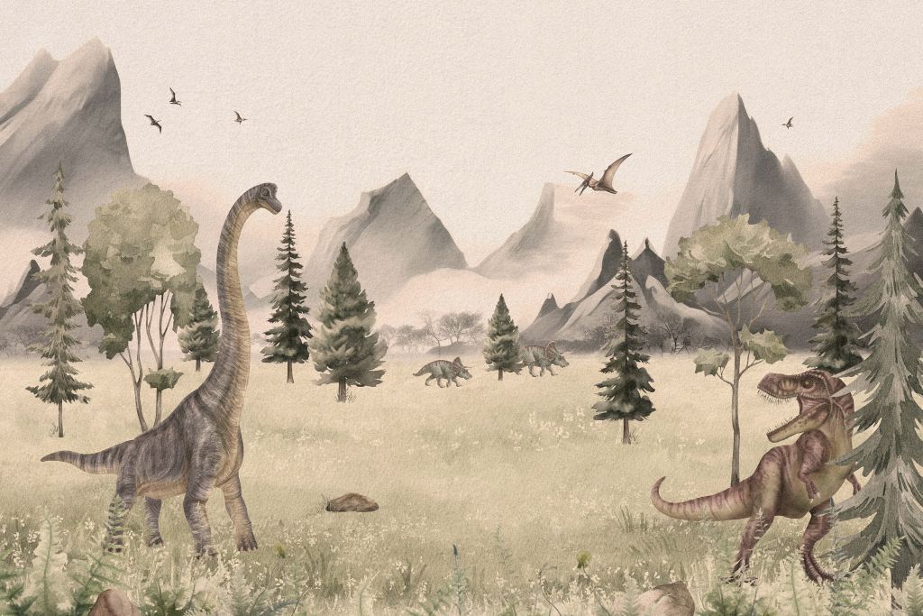Paysage avec dinosaures en beige