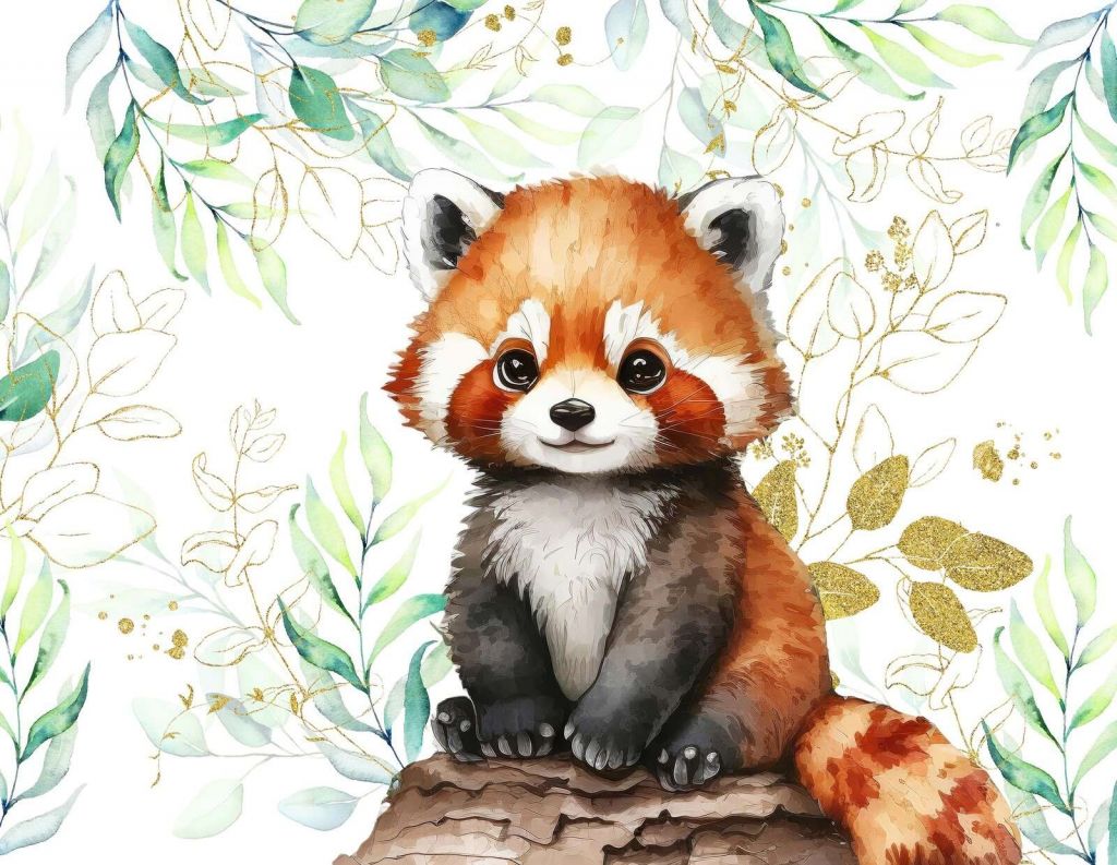 Panda rouge mignon et feuilles