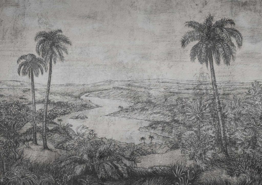 Paysage de palmiers en style gravure grise