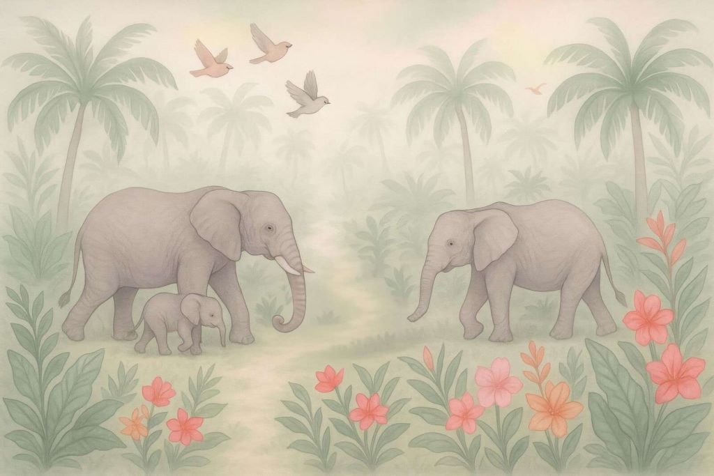 Promenade d'éléphants parmi les fleurs tropicales