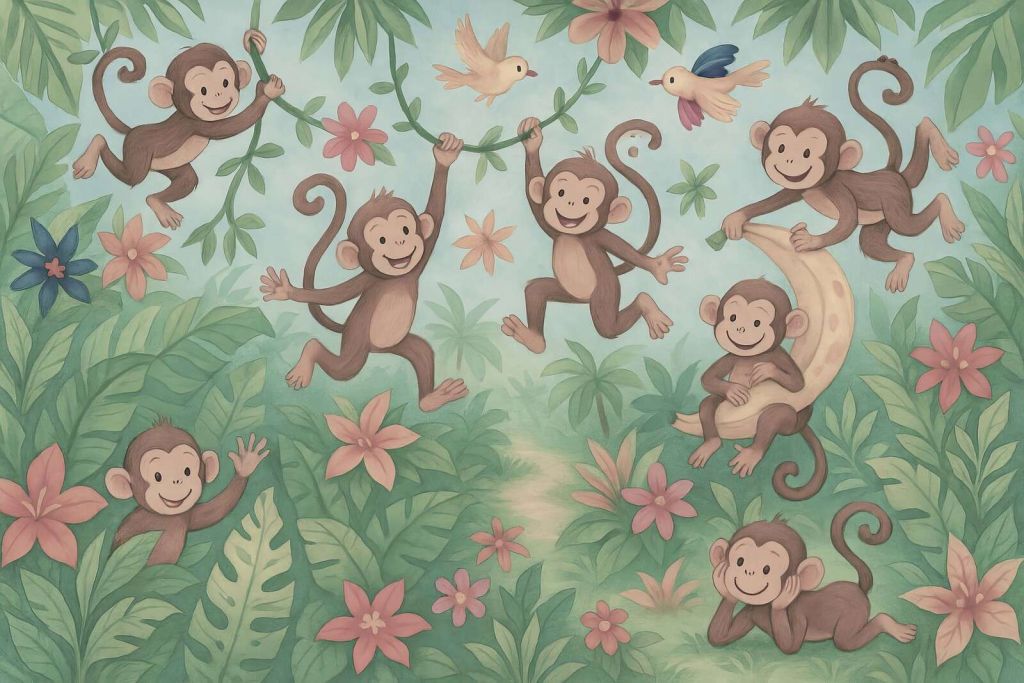 Singes joyeux dans la jungle des fleurs.