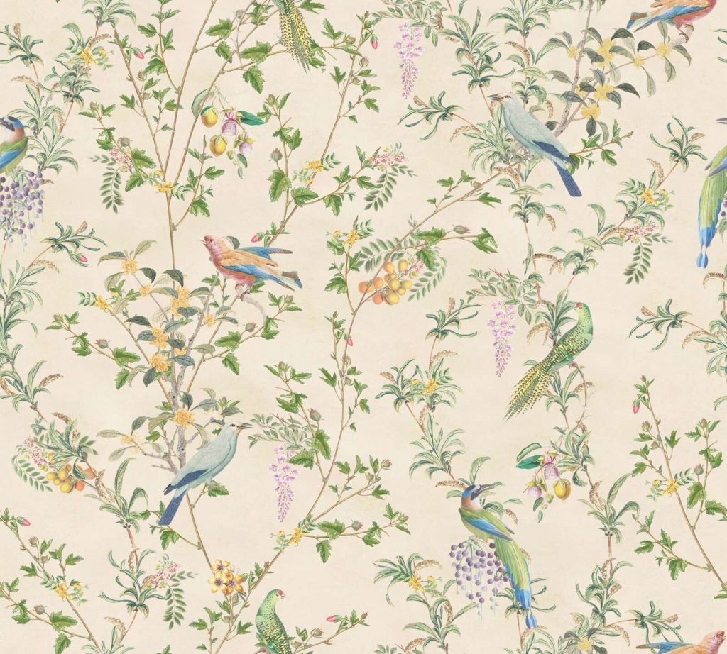 Oiseaux exotiques parmi les branches fleuries