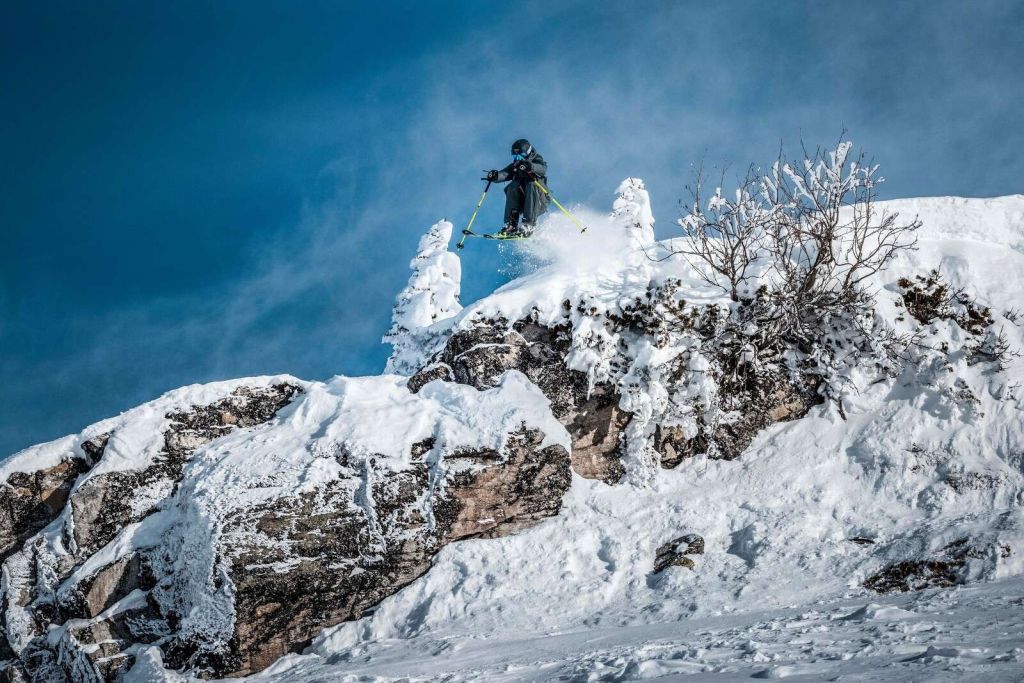 Freestyle skieur dans un monde montagneux enneigé.