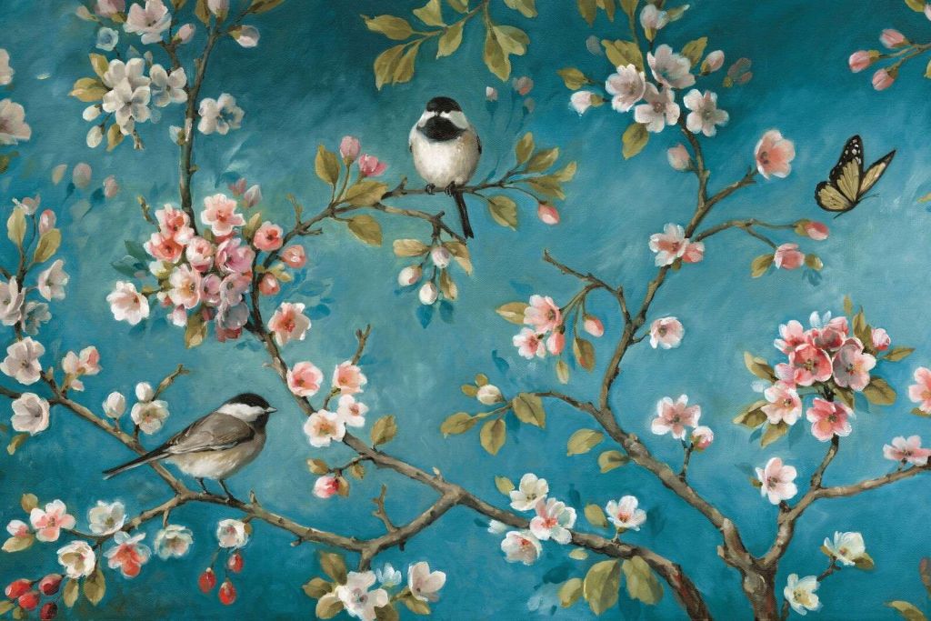 Branches en fleurs avec mésanges et papillon