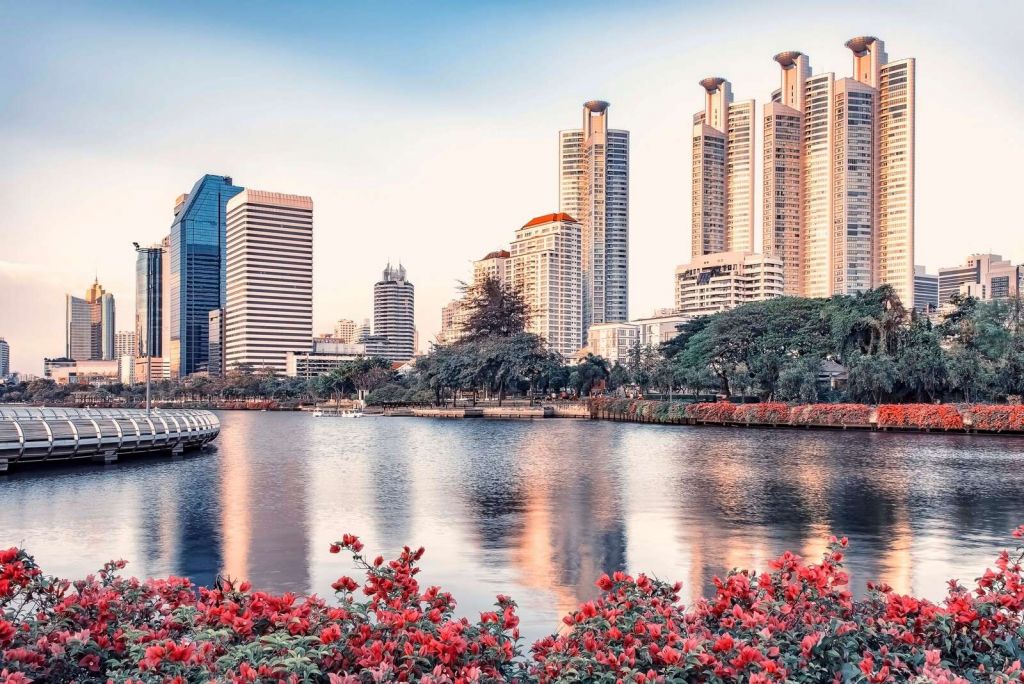 Fleurs au bord de l'eau de la ville