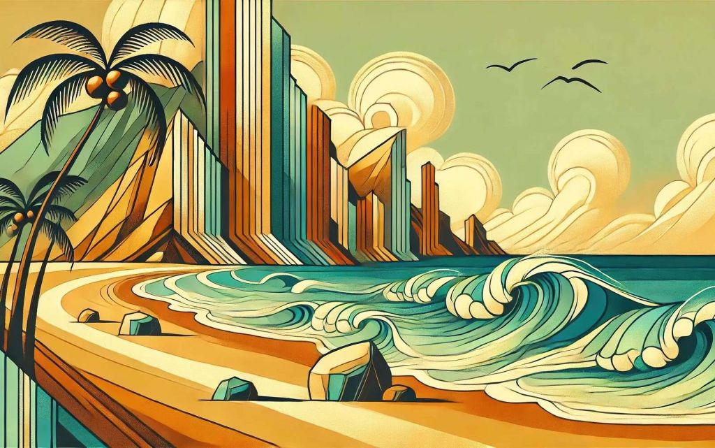 Vagues sur la côte tropicale Art déco.