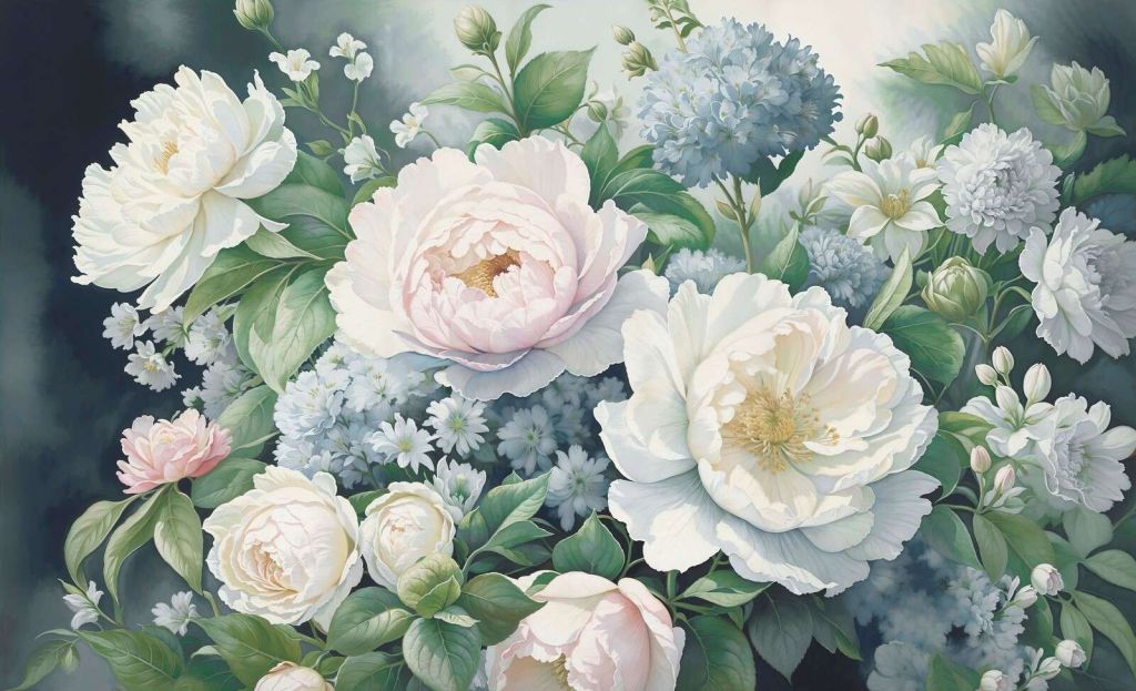 Pivoines romantiques en bleu pastel.