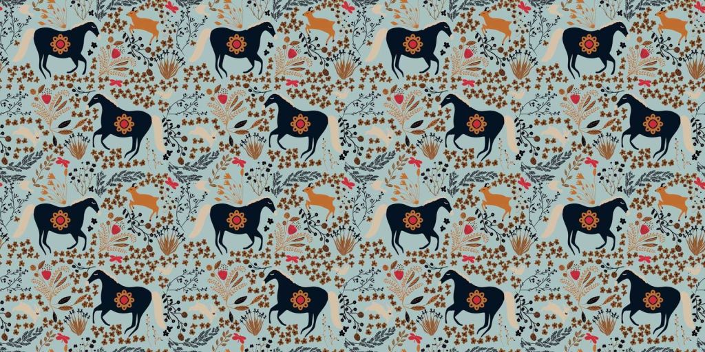 Champ de fleurs avec des chevaux et des chevreuils