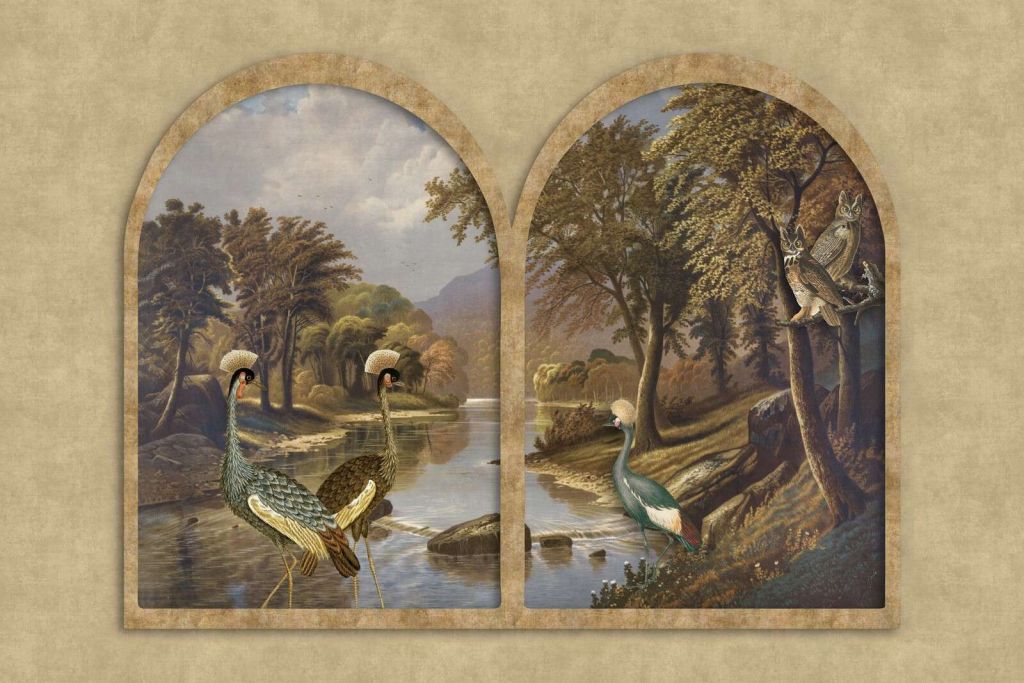 Rivière avec des grues