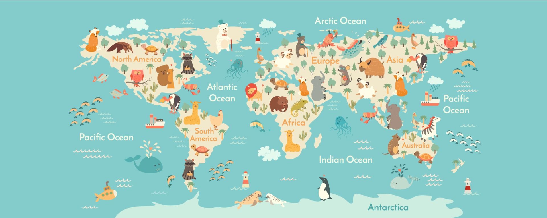Carte du monde, animaux, monuments et enfants des différents