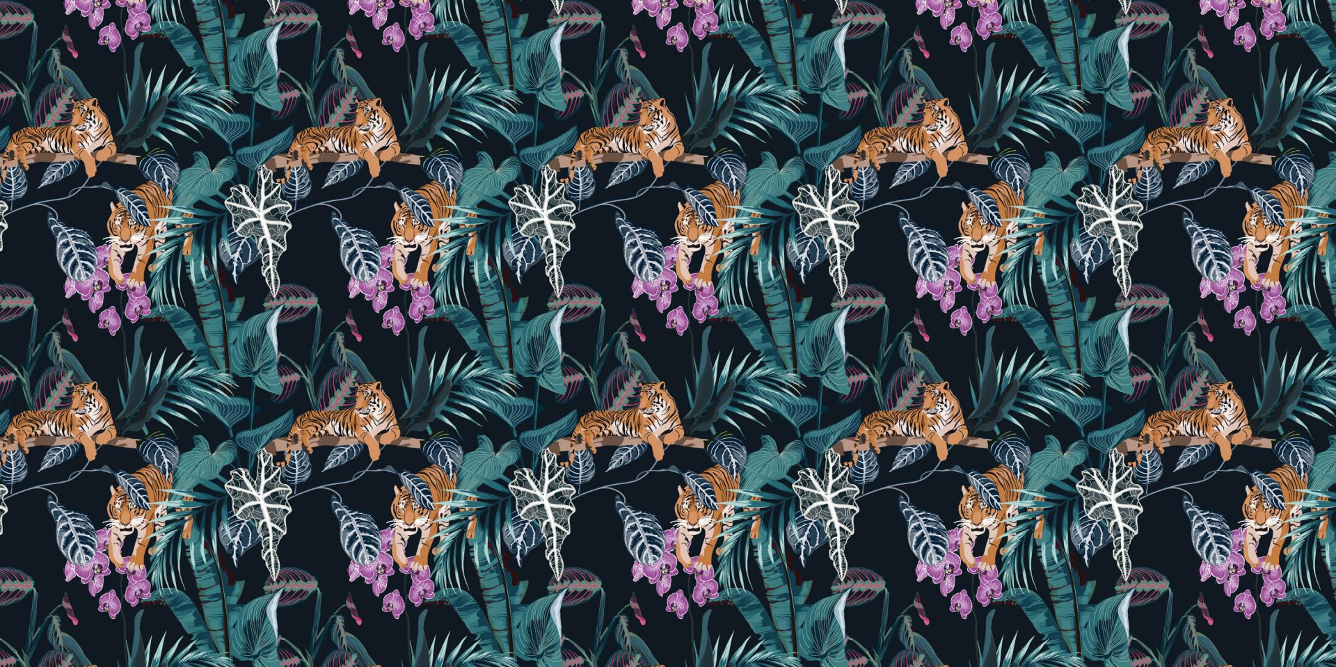 Tigres, feuilles et fleurs