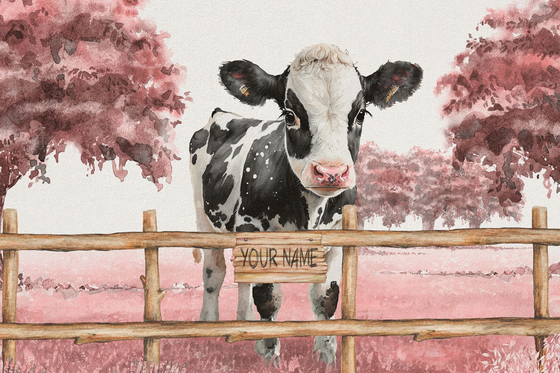 Jeune vache dans un pré rose