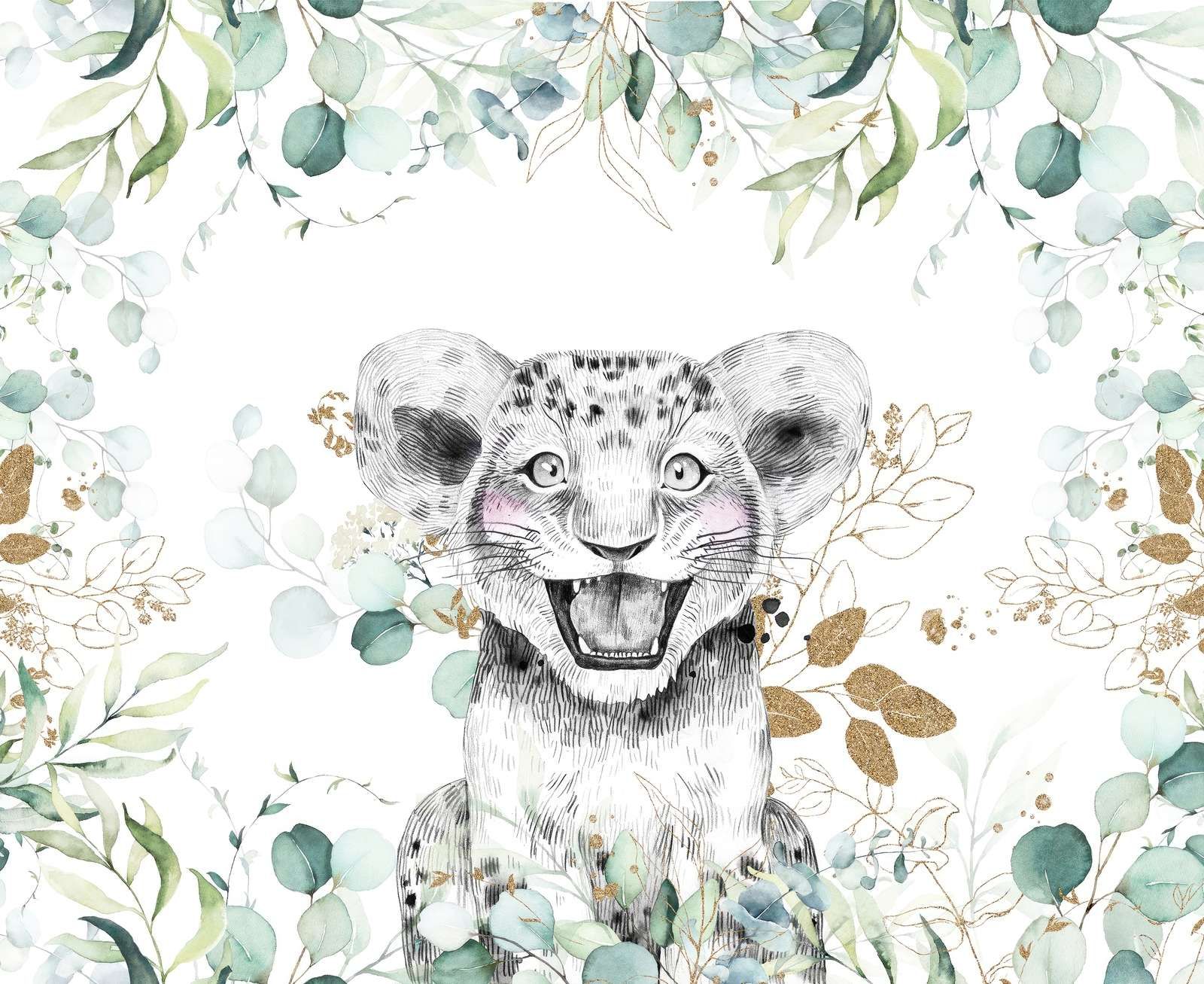 Bébé lion et feuillage menthe