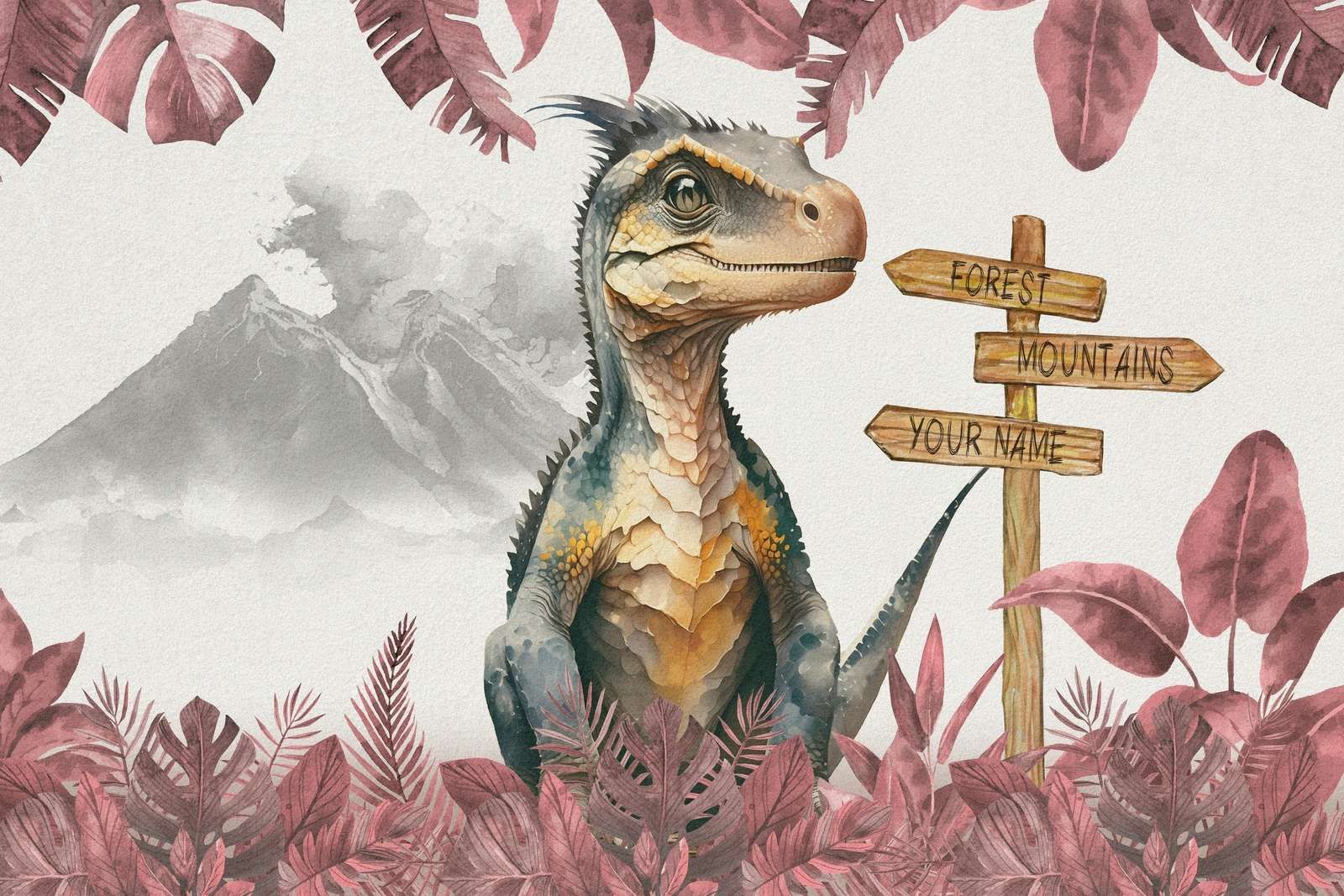 Bébé vélociraptor dans la jungle rose