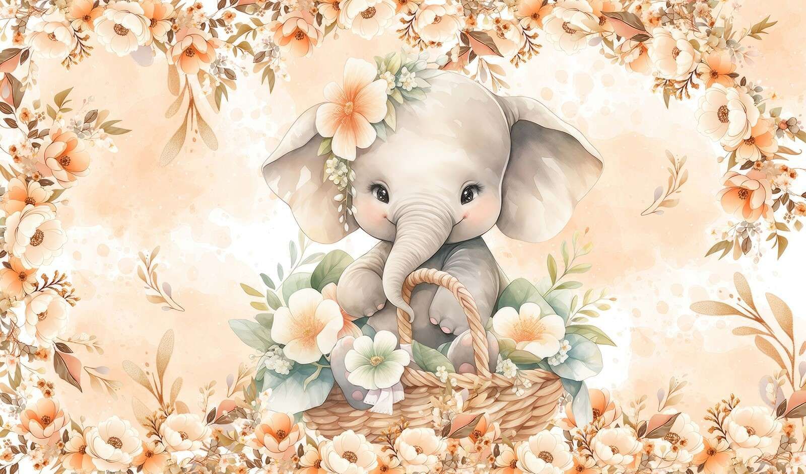 Éléphant ombragé dans un panier de fleurs