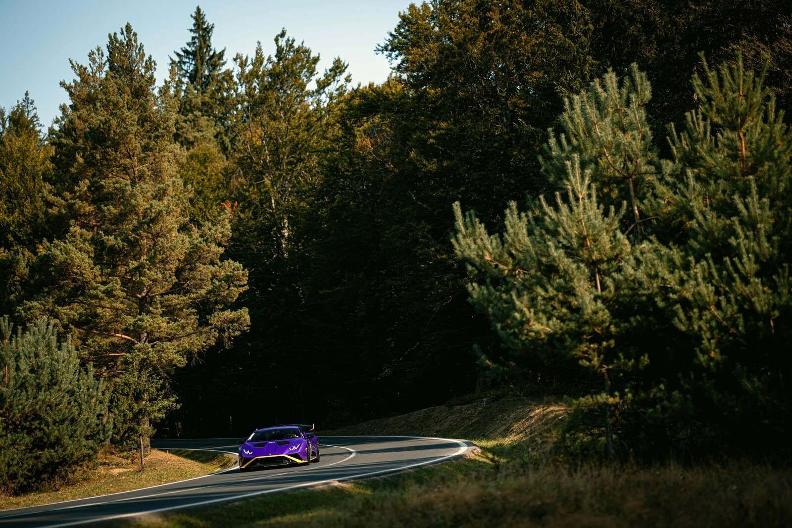 Lamborghini Huracán violette dans un paysage forestier