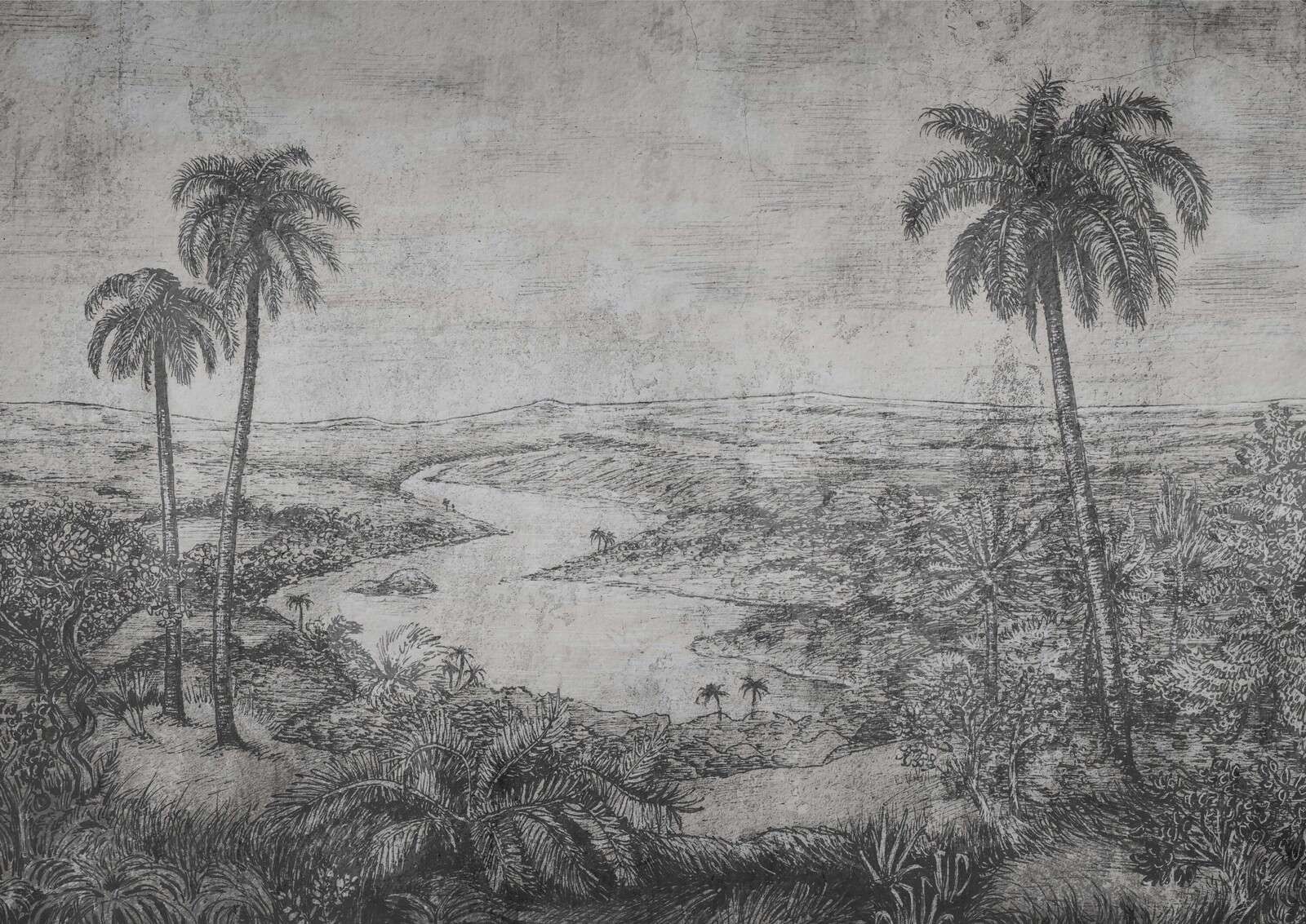 Paysage de palmiers en style gravure grise