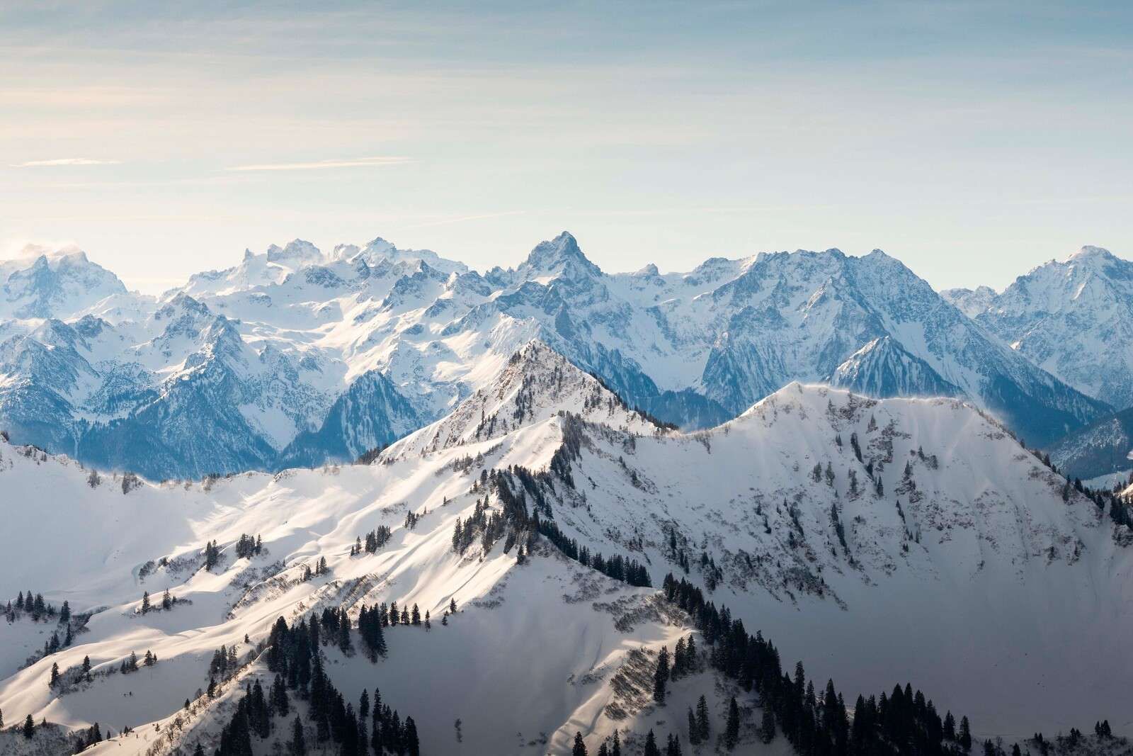 Chaîne de montagnes hivernales avec des crêtes de sapins enneigées