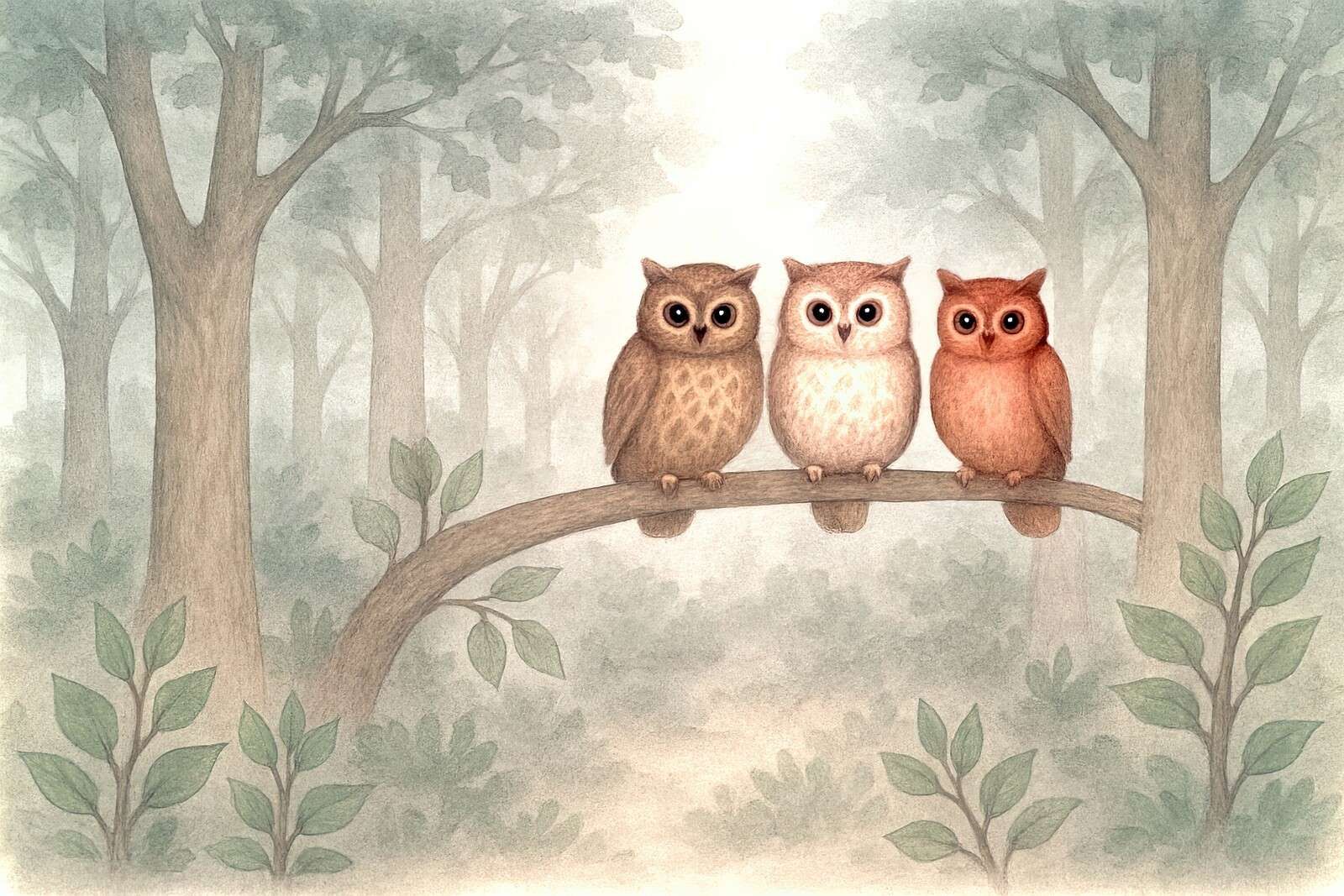 Trois petits hiboux dans la forêt.