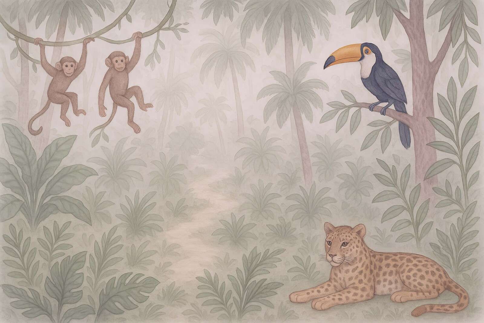 Amis de la jungle dans la brume du matin.