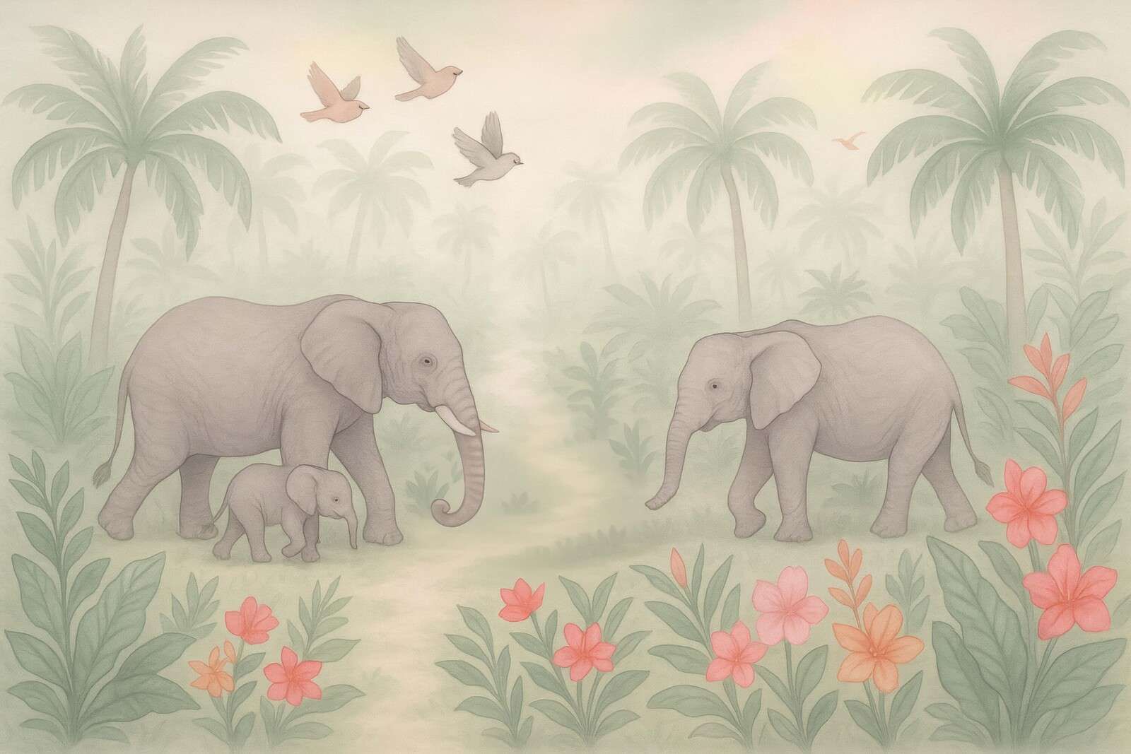 Promenade d'éléphants parmi les fleurs tropicales