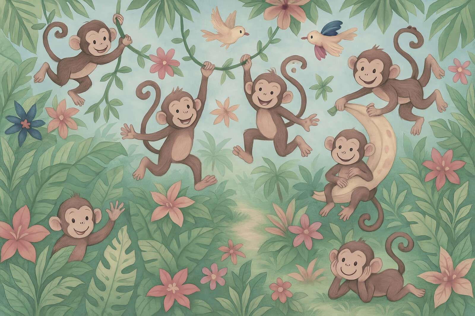 Singes joyeux dans la jungle des fleurs.
