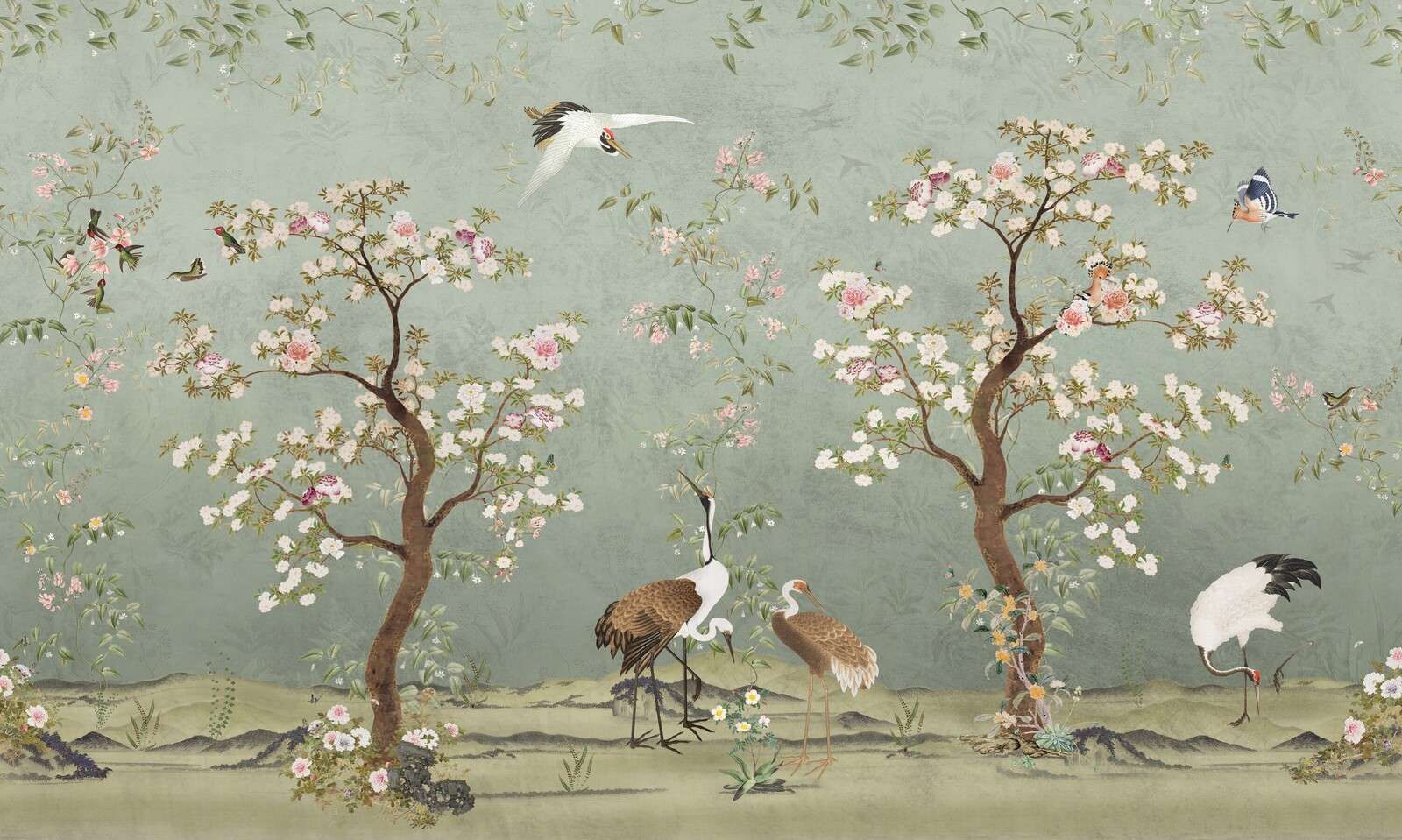 Arbres en fleurs avec des grues sur fond vert jade