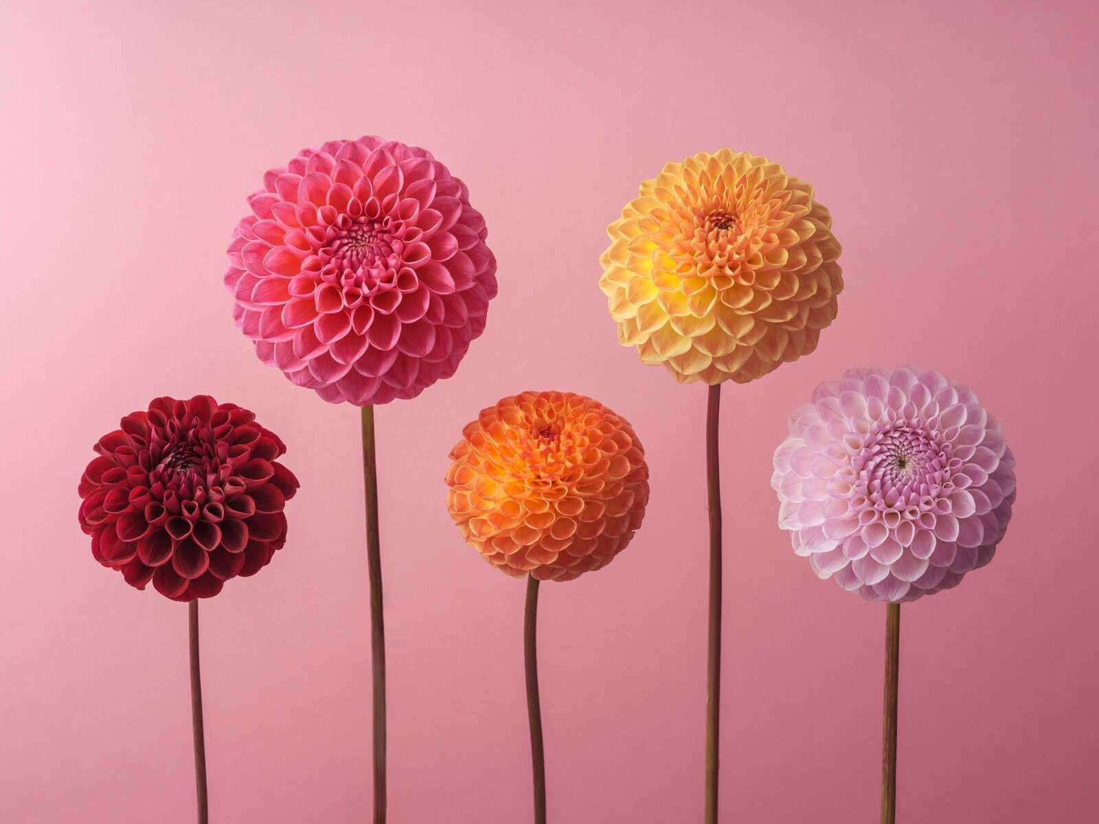 Cinq dahlias sur fond rose