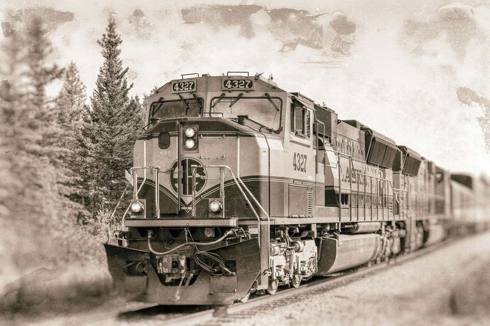 Locomotive vintage en tons sépia.