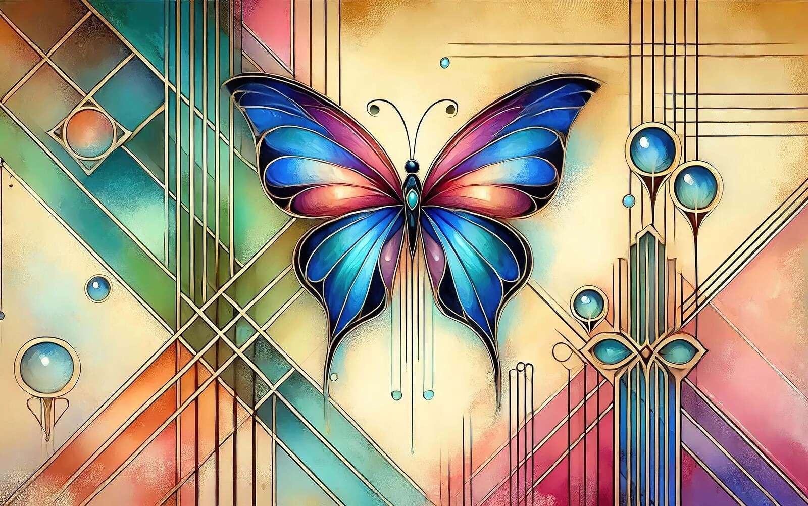 Papillon dans le vitrail avec un éclat art déco.