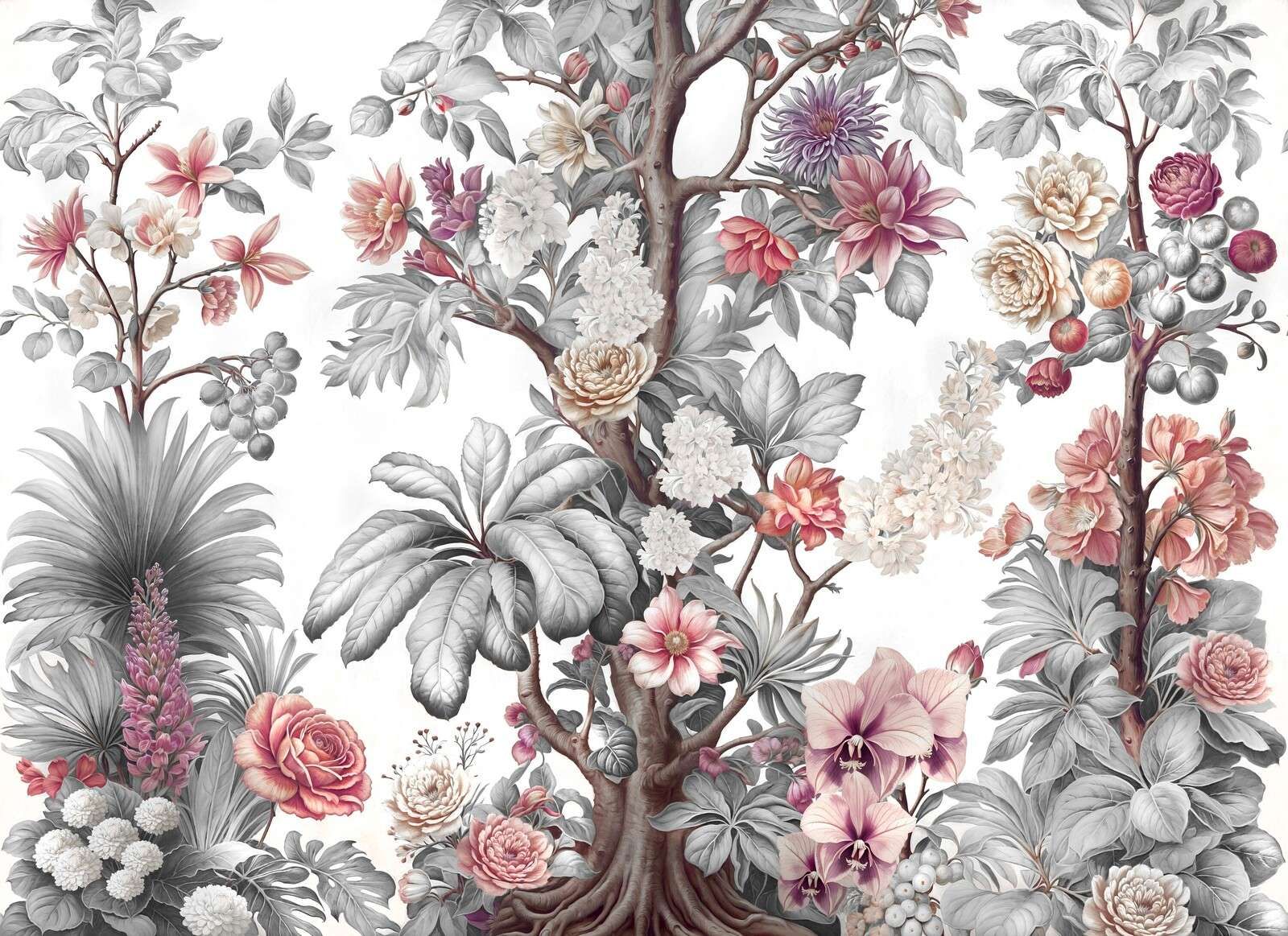 Arbre de fleurs botaniques en nuances de gris