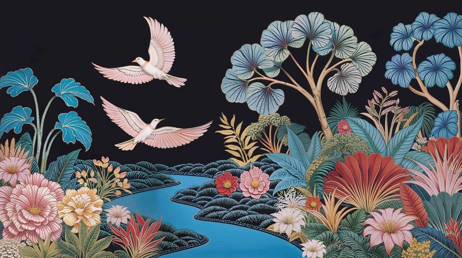 Paysage tropical avec des oiseaux blancs