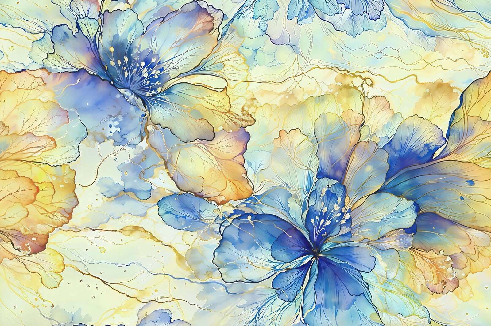 Fleurs en aquarelle en bleu et or
