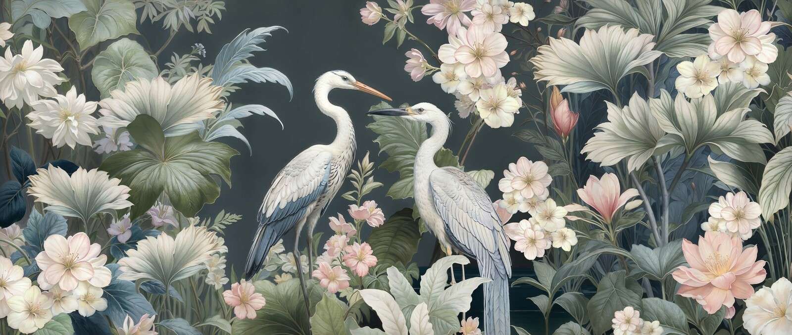 Hérons blancs entre des fleurs douces