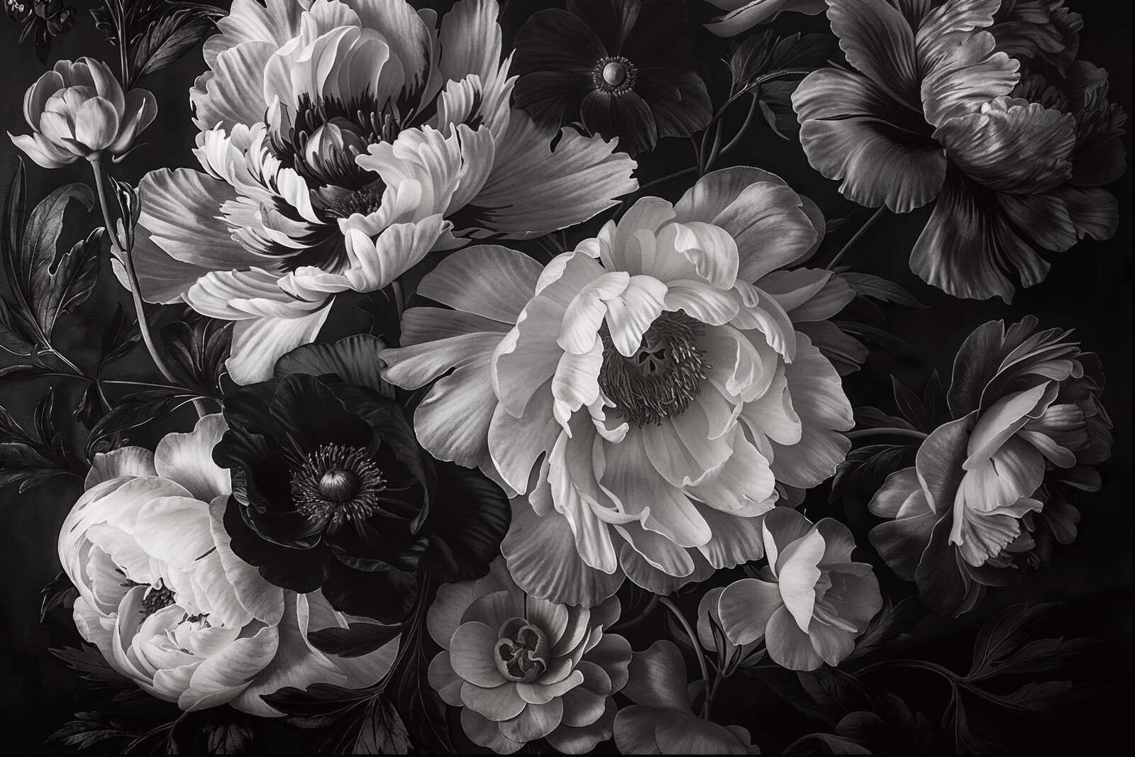 Jardin de fleurs baroque maximaliste en niveaux de gris