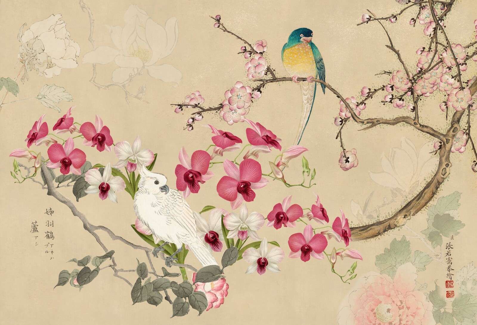 cacatoès chinoiserie florale