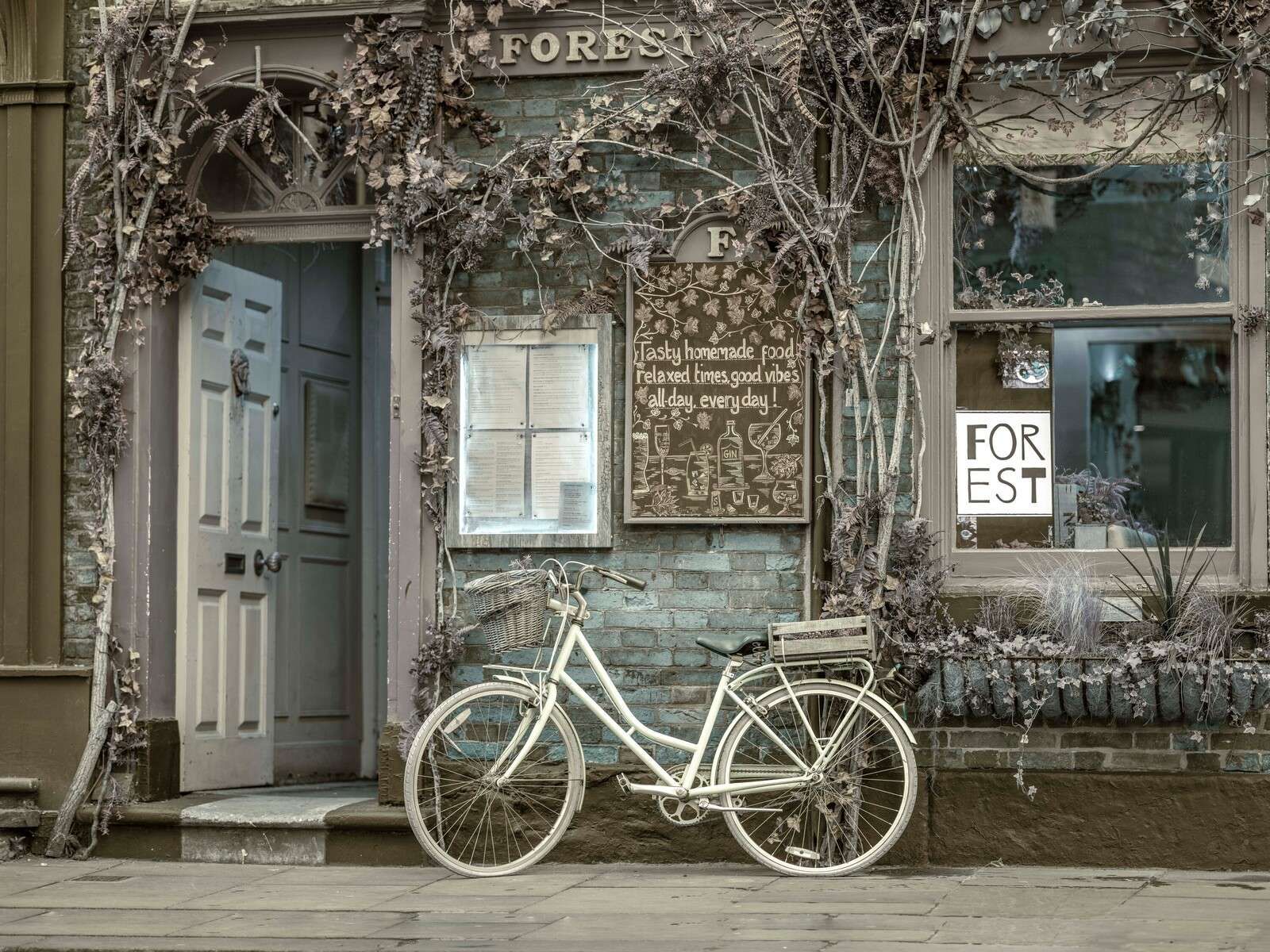 Vélo de ville vintage devant une boutique