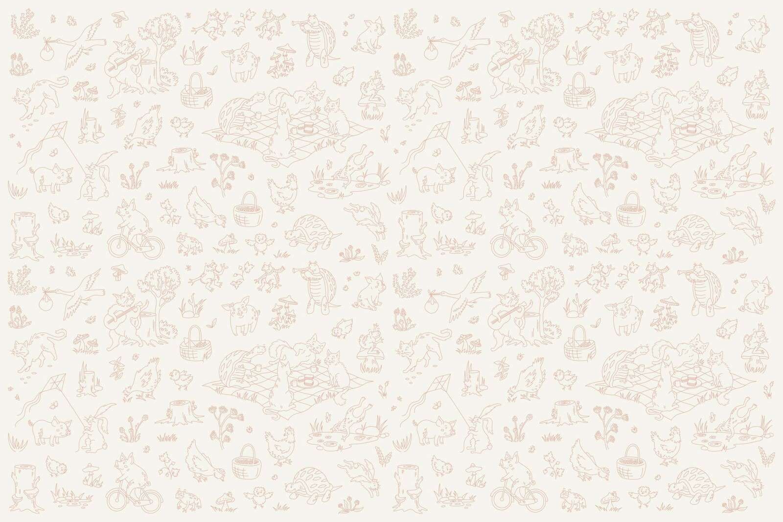 Animaux de la forêt, imprimé beige et rose paisible